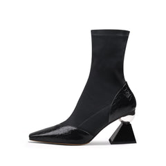 JADY ROSE | BLOCK HEEL CROC PATTERN LEATHER SOCK BOOT - BLACK