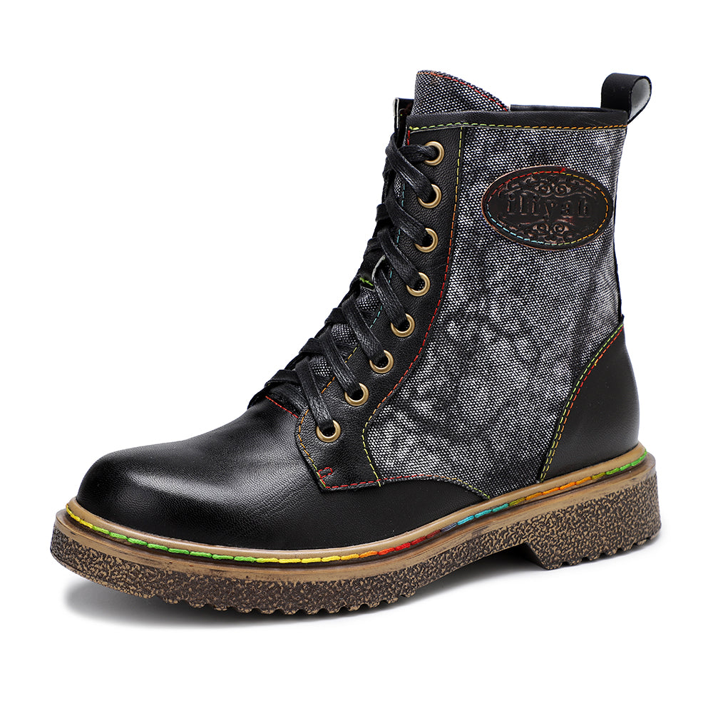 Soffia | Tie Dye-Contrast Genuine Leather Combat Boots