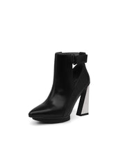 JadyRose | Triangled Heel Cut Out High Heel Leather Boots - Black