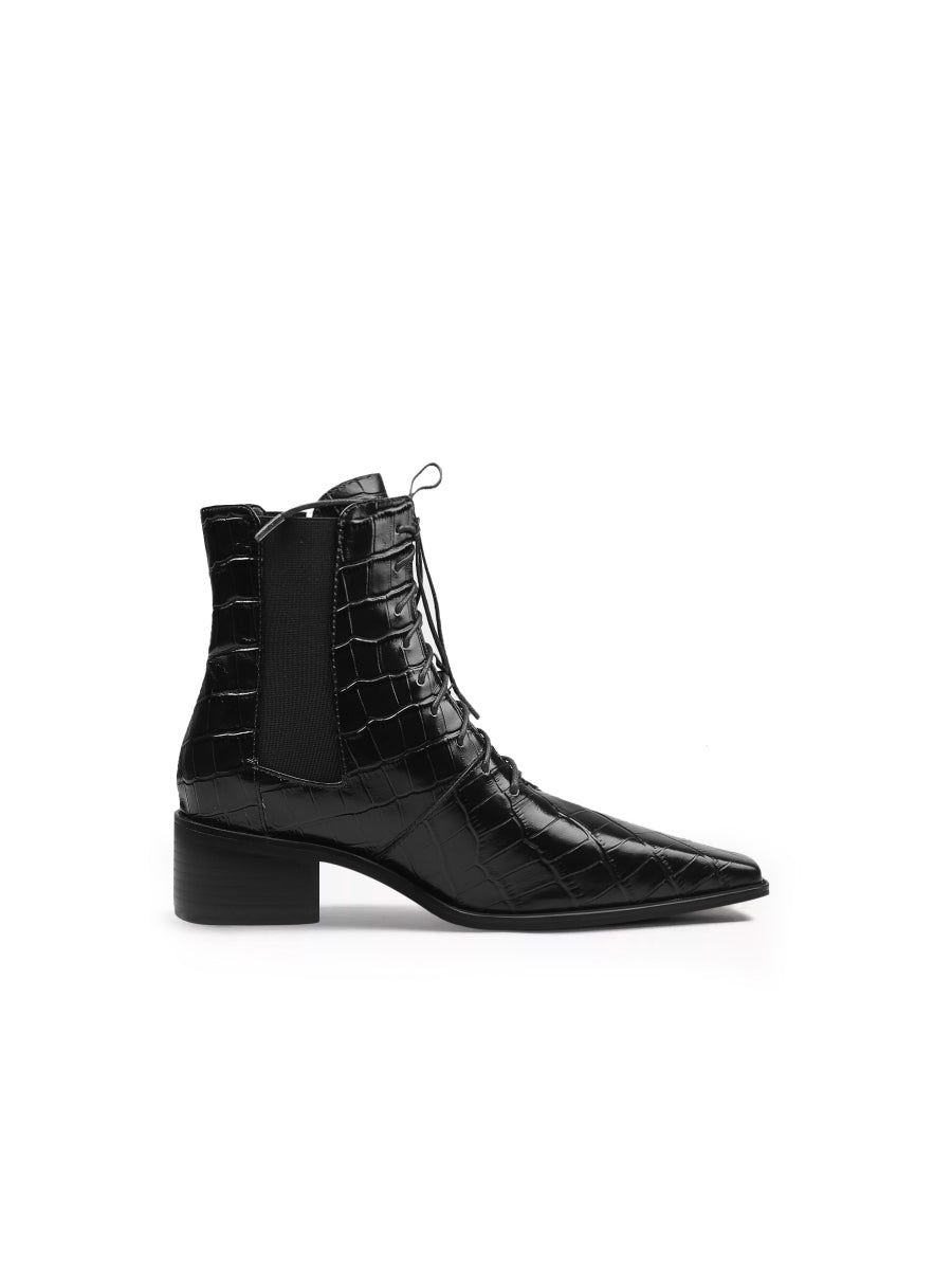 JadyRose | Croc-Embossed Lace-Up Black Chelsea Boot