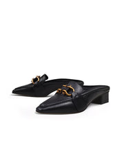 JadyRose | Genuine Leather Golden Lock Chain Mules Sandals - Black