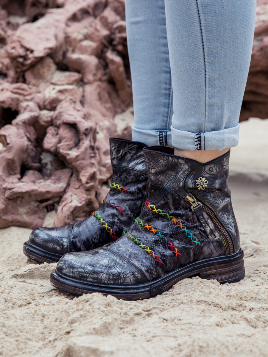 SOFFIA | Genuine Leather Rainbow Stitch Floral Embossed Ankle Boots