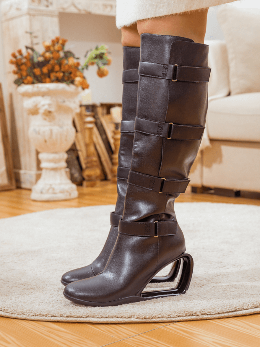 Jady Rose | Strappy Buckle Elevator Heel Knee-High Leather Boot