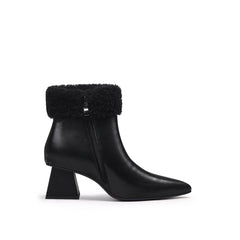 JADY ROSE | WOOL TRIM BLOCK HEEL LEATHER ANKLE BOOT - BLACK