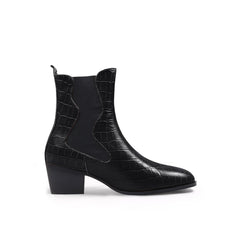 JADY ROSE | BLOCK HEEL CROC PATTERN LEATHER CHELSEA BOOTIE - BLACK