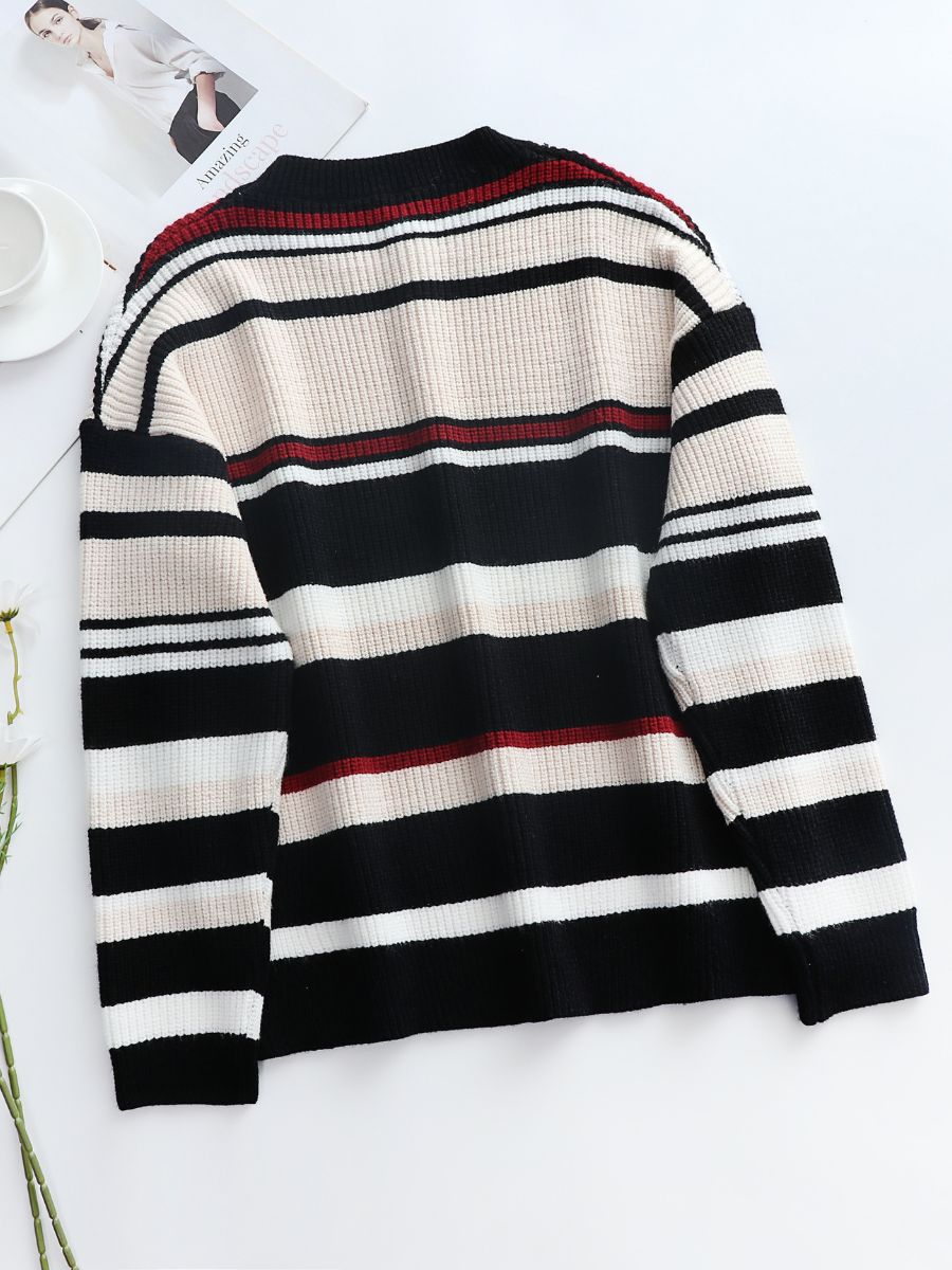 Smaibulun | Black White Red Stripe Crew Neck Knit Top