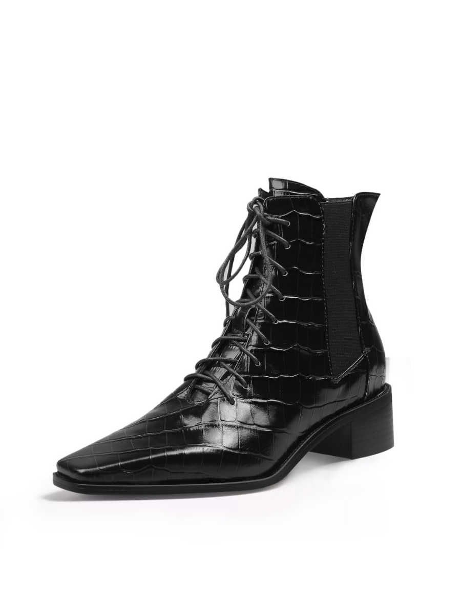 JADY ROSE | CROC-EMBOSSED LEATHER BOOT - BLACK