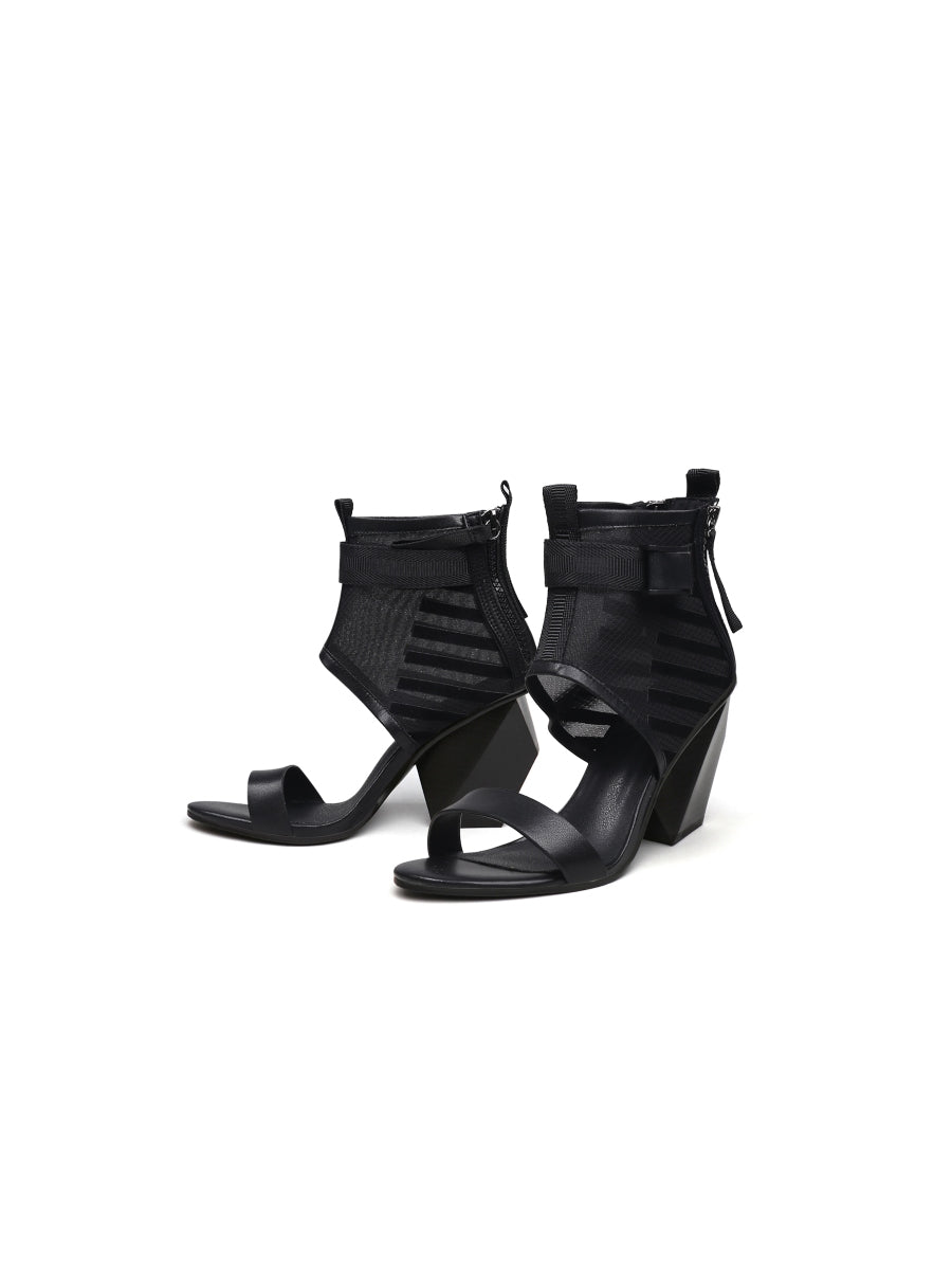 JadyRose | NOTEPAD Mesh Upper Leather Heel Sandals - Black