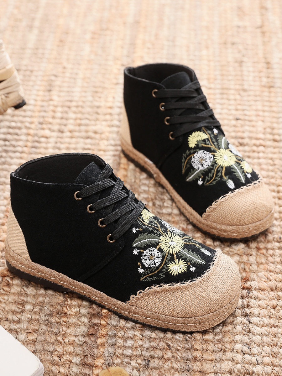 Cactus Rose | Embroidered Dandelion Round Toe Hi-Top Sneakers Espadrilles