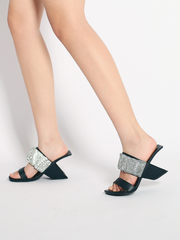 JadyRose | KARINA Rhinestone Black Leather Wedge Sandal