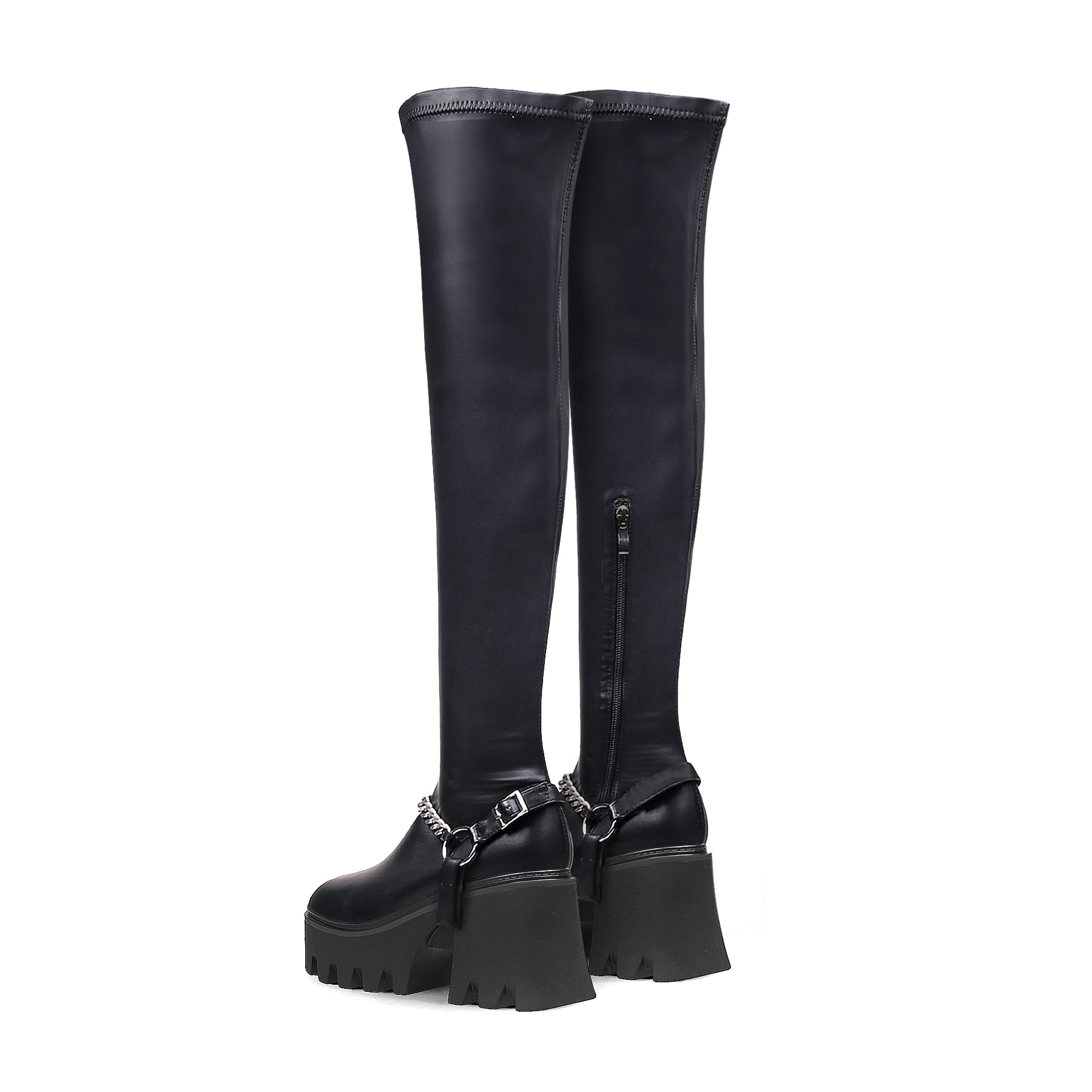 JADY ROSE | LUG SOLE CHAIN STRAP OVER KNEE LEATHER BOOT - BLACK