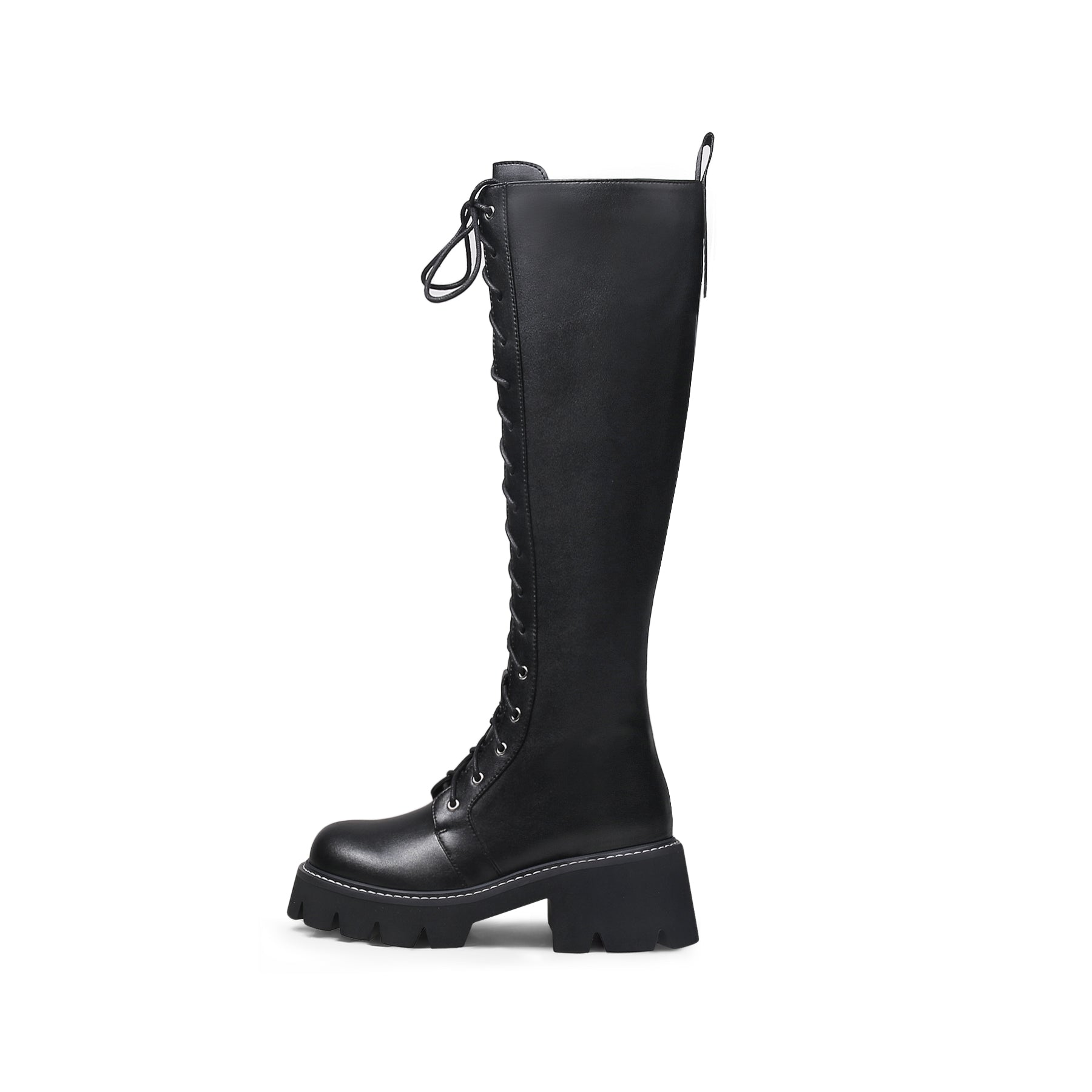 JADY ROSE | LUG SOLE LACE UP KNEE HIGH LEATHER BOOT - BLACK