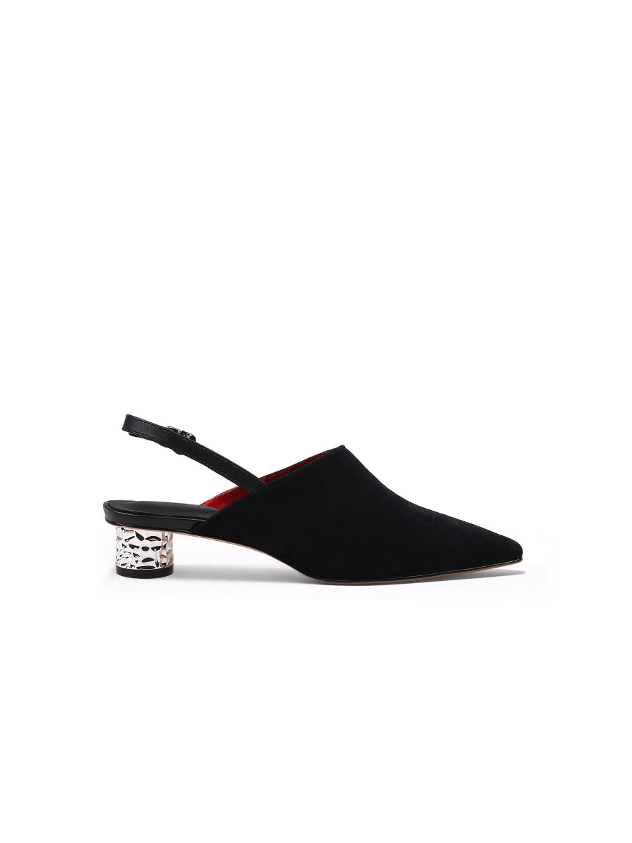 JadyRose | Strap-Detail Crystal Heel Leather D'Orsay  Point Toe Pumps Sandals Loafers- Black