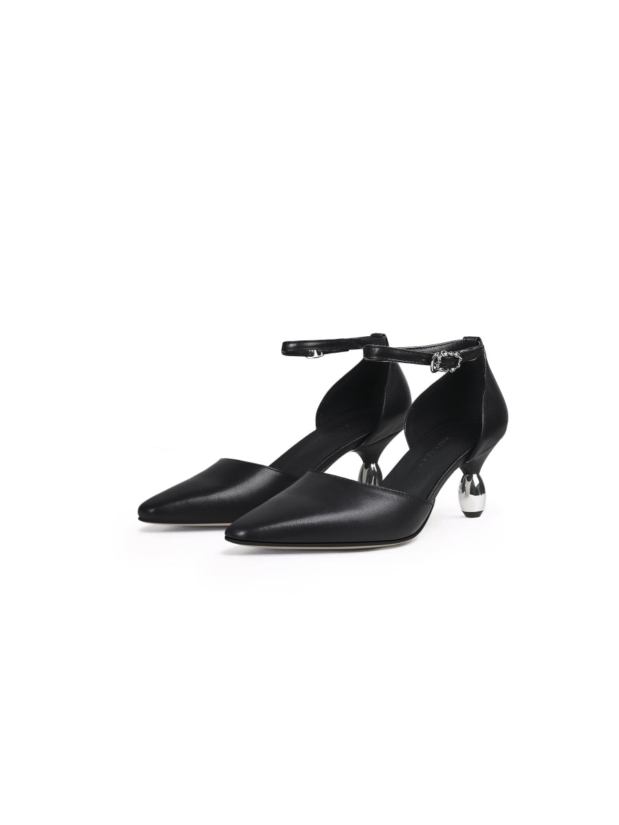 JadyRose | Black Abalone & Silver Drop-Heel Point Toe Leather Ankle Sling Back Sandals