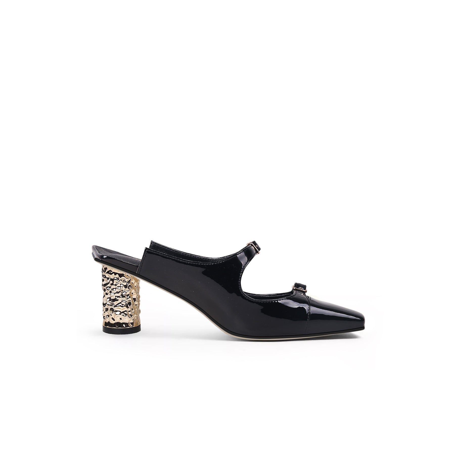 JadyRose | Bar-Accent Golden Mid Heel Leather Mules Loafers- Black