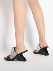 JadyRose | KARINA Rhinestone Black Leather Wedge Sandal