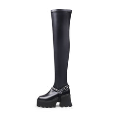 JADY ROSE | LUG SOLE CHAIN STRAP OVER KNEE LEATHER BOOT - BLACK