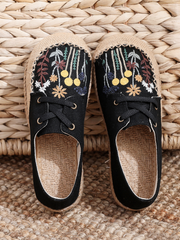 Cactus Rose | Garden Embroidered Linen Boat Shoes Espadrilles - Black