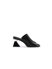 JadyRose | Black Triangular-Crystal Mid Heel Leather Open Toe Mules Sandals