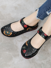 Rumour Has It | Perforated Flower Printed Leather Mary Jane - Black