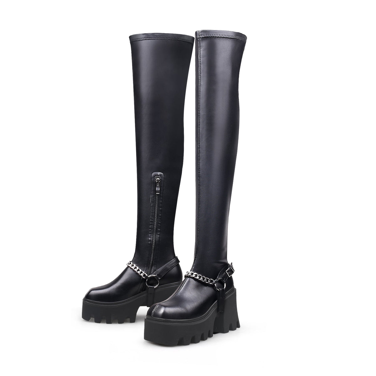 JADYROSE | BLACK LEATHER CHAIN STRAP OVER KNEE  BOOT