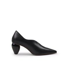 JadyRose | Genuine Leather Scalloped Edges-Curve Shaped Pump - Black