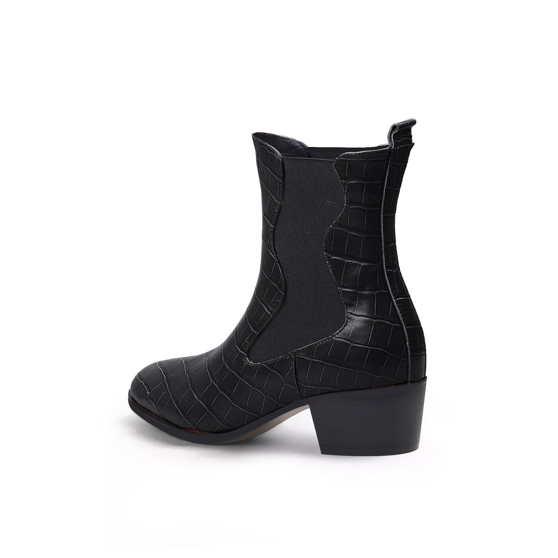 JADY ROSE | BLOCK HEEL CROC PATTERN LEATHER CHELSEA BOOTIE - BLACK