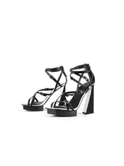 JadyRose | Acute Triangle Heel Genuine Leather Strap Heel - Black