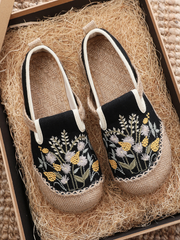 Cactus Rose | Field Corn Embroidered Linen Round Toe Espadrilles Loafers - Black