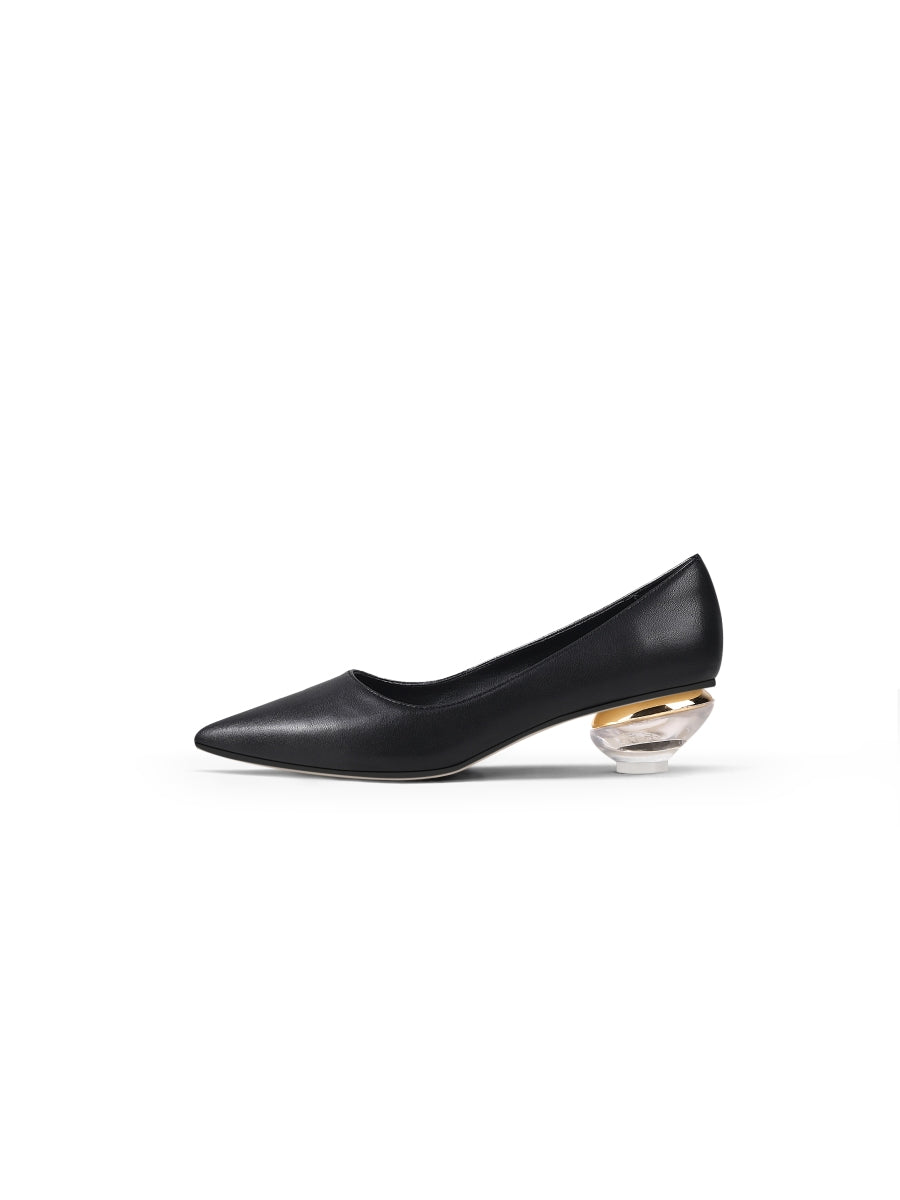 JadyRose | Genuine Leather Black & Crystal Bowl-Heel Pump