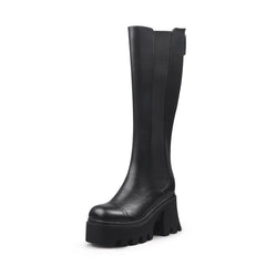 JADY ROSE | CHUNKY HEEL KNEE HIGH LEATHER BOOT - BLACK