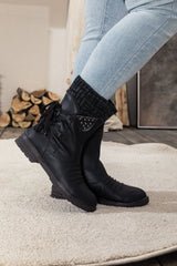 En Bloom | Black Ruched Back Tie-Accent Flat Comfy Combat Boots