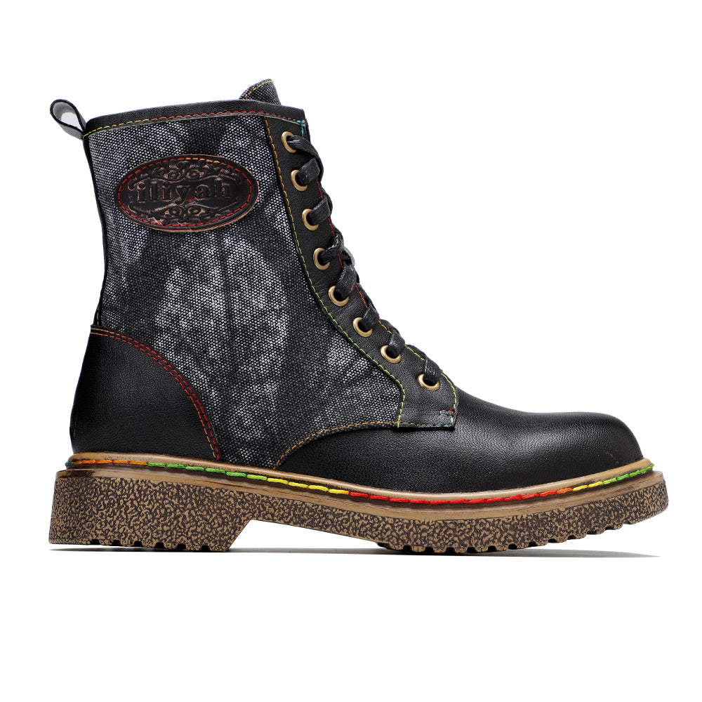 Soffia | Tie Dye-Contrast Genuine Leather Combat Boots