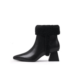 JADY ROSE | WOOL TRIM BLOCK HEEL LEATHER ANKLE BOOT - BLACK