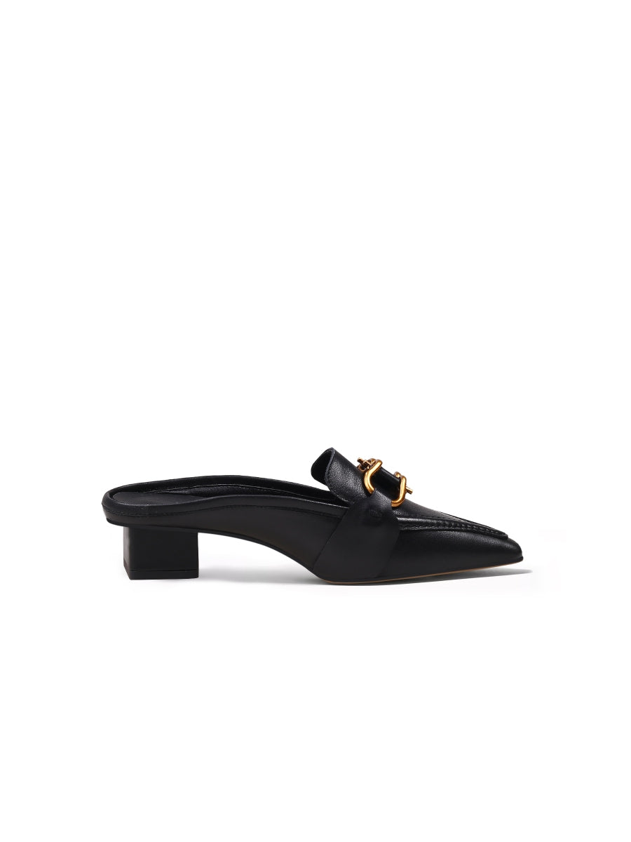 JadyRose | Genuine Leather Golden Lock Chain Mules Sandals - Black