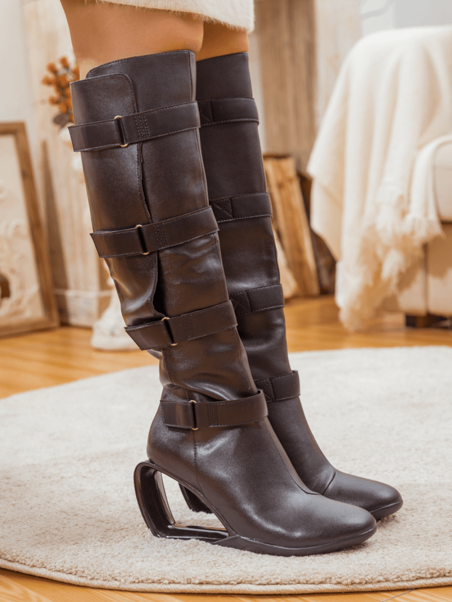 Jady Rose | Strappy Buckle Elevator Heel Knee-High Leather Boot