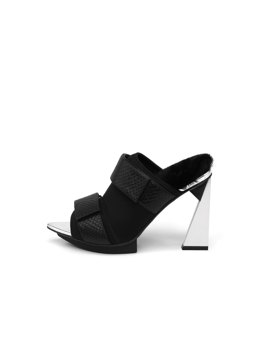 JadyRose | Faux Fur Back Heel  Peep-Toe Sandal - Black