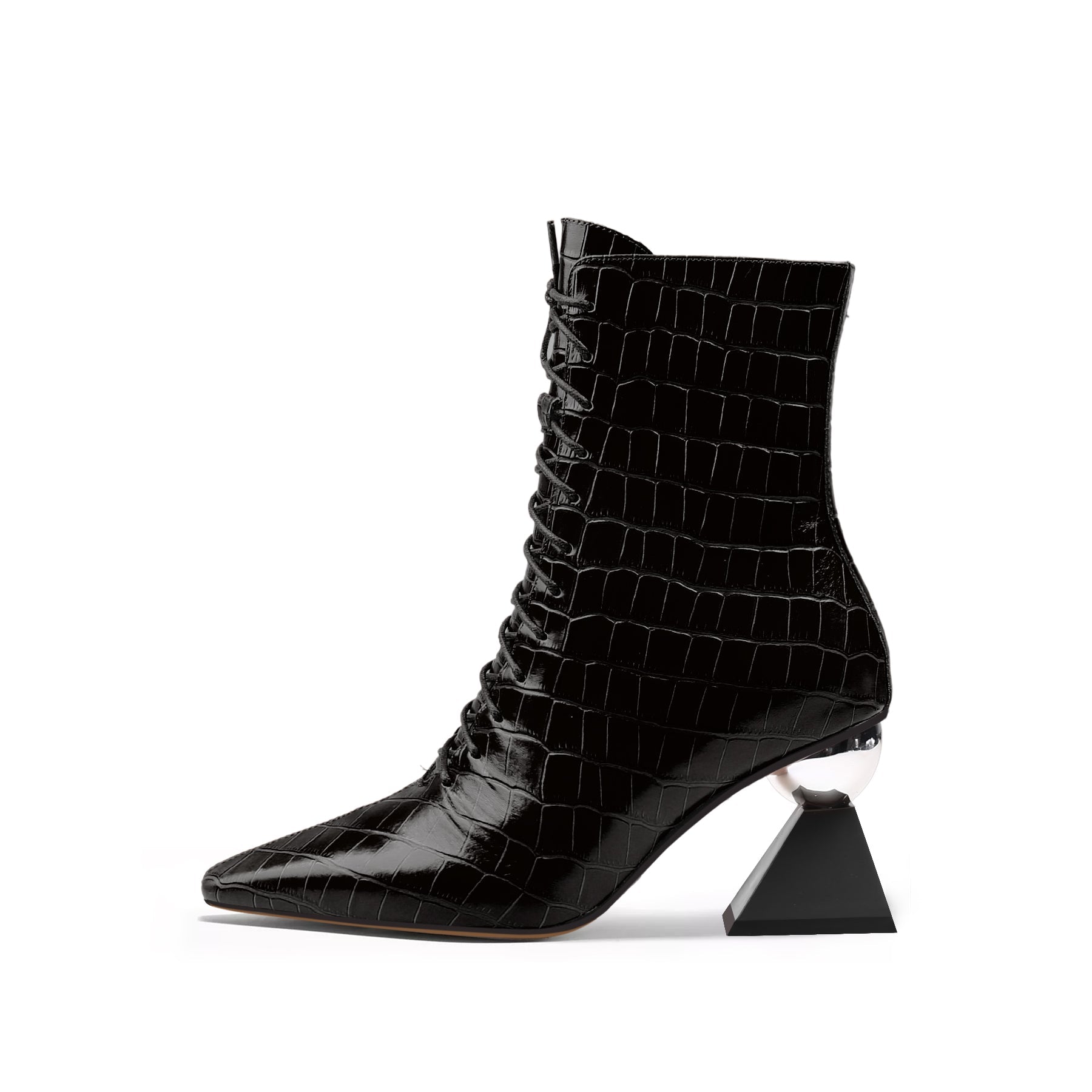 JADY ROSE | CRYSTAL HEEL CROC EMBOSSED LEATHER BOOTIE - BLACK