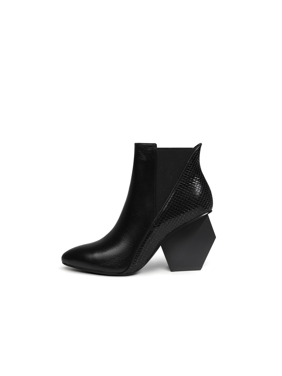 JadyRose | Black Texture Geometry Mid Heel Leather Chelsea Boots Ankle Boots