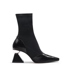 JADY ROSE | BLOCK HEEL CROC PATTERN LEATHER SOCK BOOT - BLACK