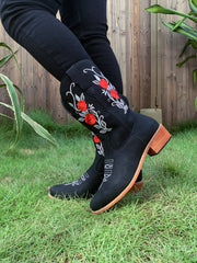 En Bloom | Rose Embroidered Cowboy Boots - Black