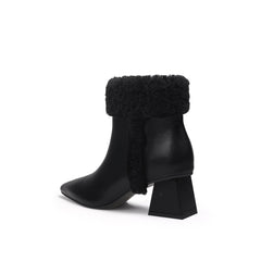 JADY ROSE | WOOL TRIM BLOCK HEEL LEATHER ANKLE BOOT - BLACK