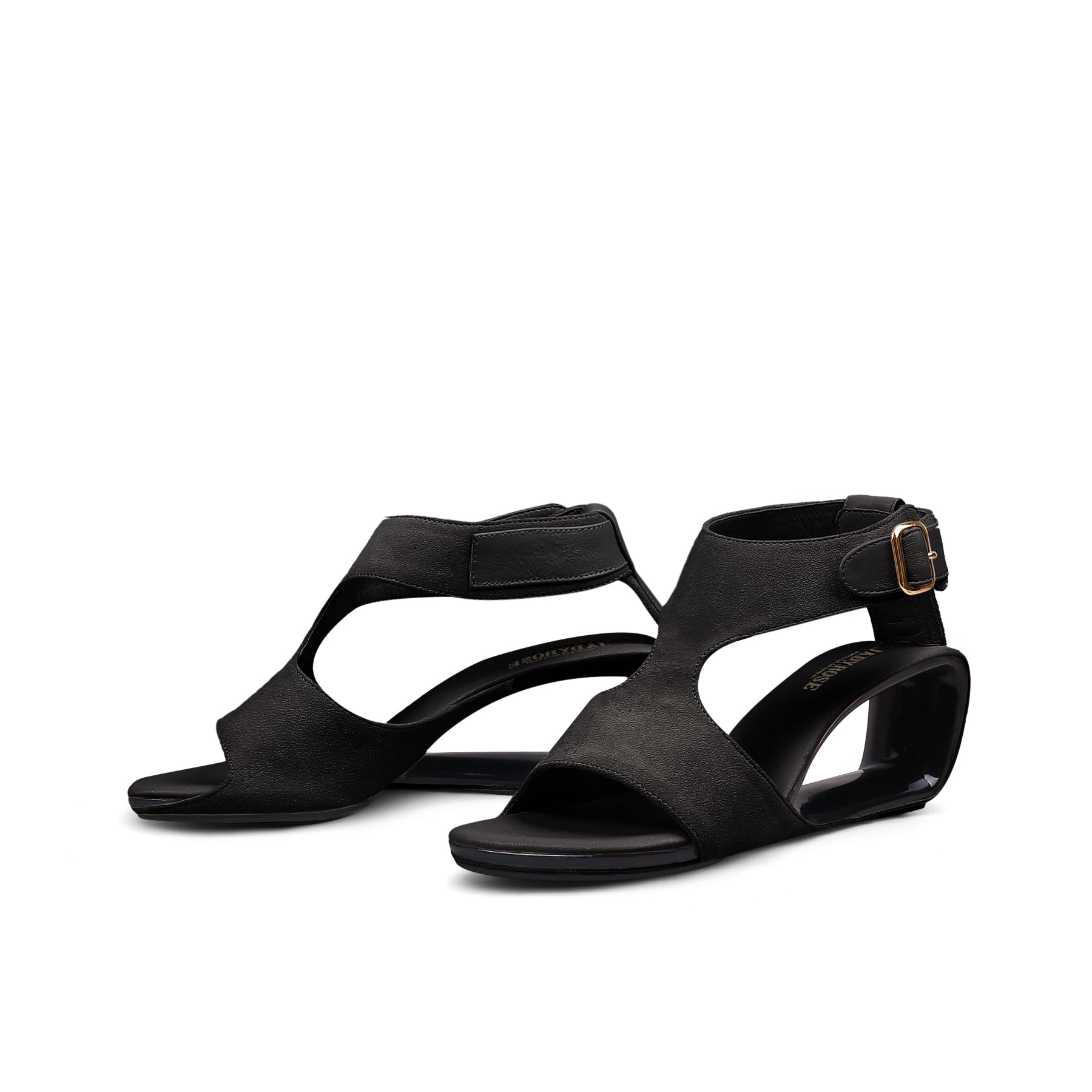 JADY ROSE | CUT-OUT PEEP TOE SUEDE WEDGE SANDAL - BLACK