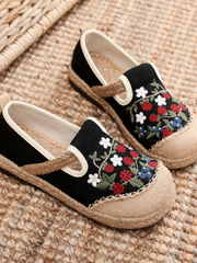 Cactus Rose | Berry Daisy Embroidered Linen Round Toe Espadrilles Loafers - Black