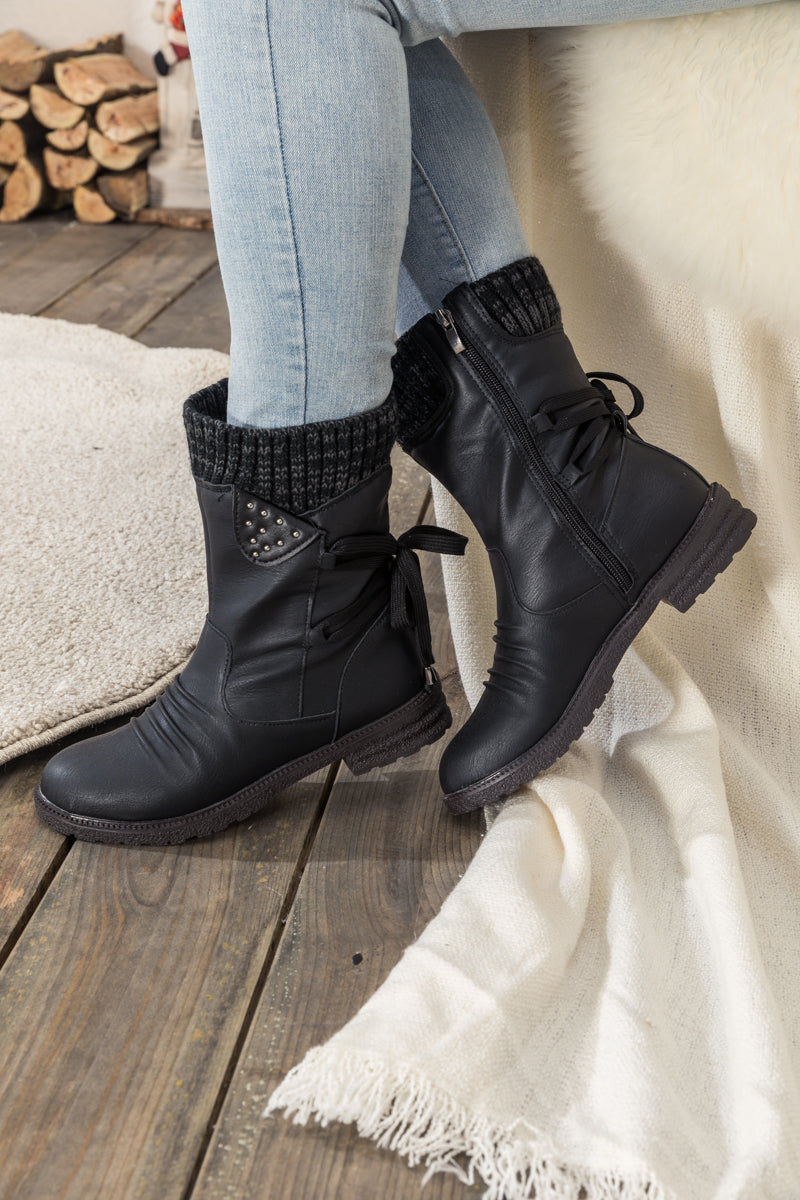 En Bloom | Black Ruched Back Tie-Accent Flat Comfy Combat Boots