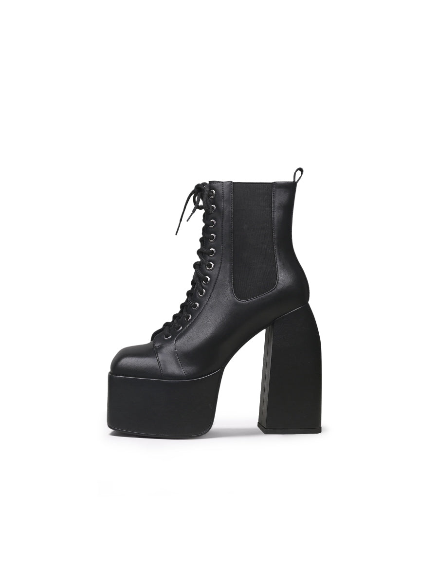 JadyRose | Genuine Leather Chunky Heel Lace-Up Black Platform Chelsea Boots