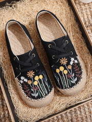 Cactus Rose | Garden Embroidered Linen Boat Shoes Espadrilles - Black