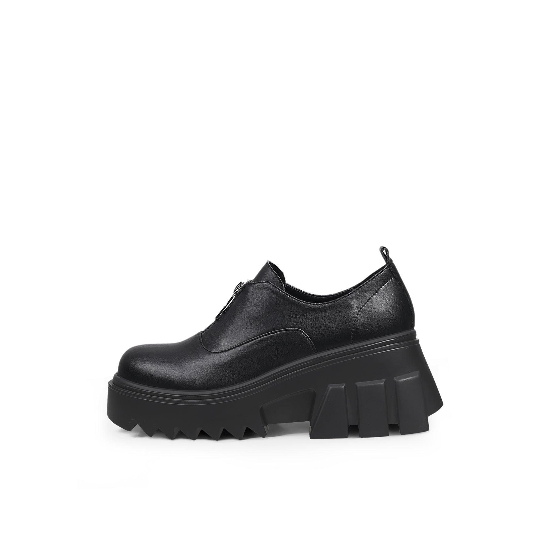 JadyRose | Chunky Heel Pure Zipper Genuine Leather Sneaker - Black