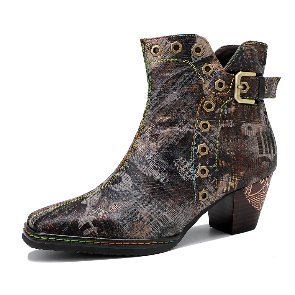 SOFFIA | Antique Prints With Metallic Stud Moto Boot