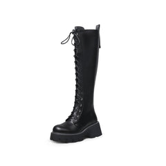 JADY ROSE | LUG SOLE LACE UP KNEE HIGH LEATHER BOOT - BLACK